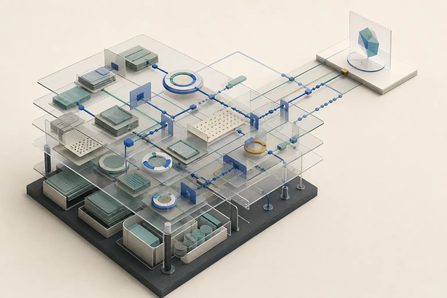 Transparent layers for code, rules, and tools interlock with data cards, status rings, and access boundaries to form one system
