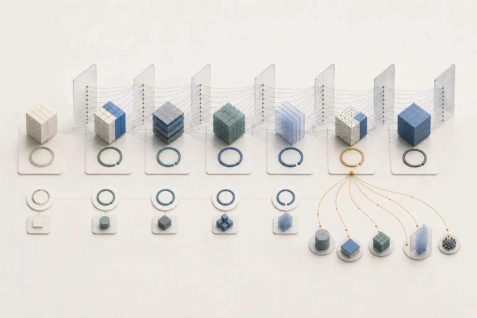A data object passes through ordered transformations and status changes while every predecessor and dependent result remains traceable