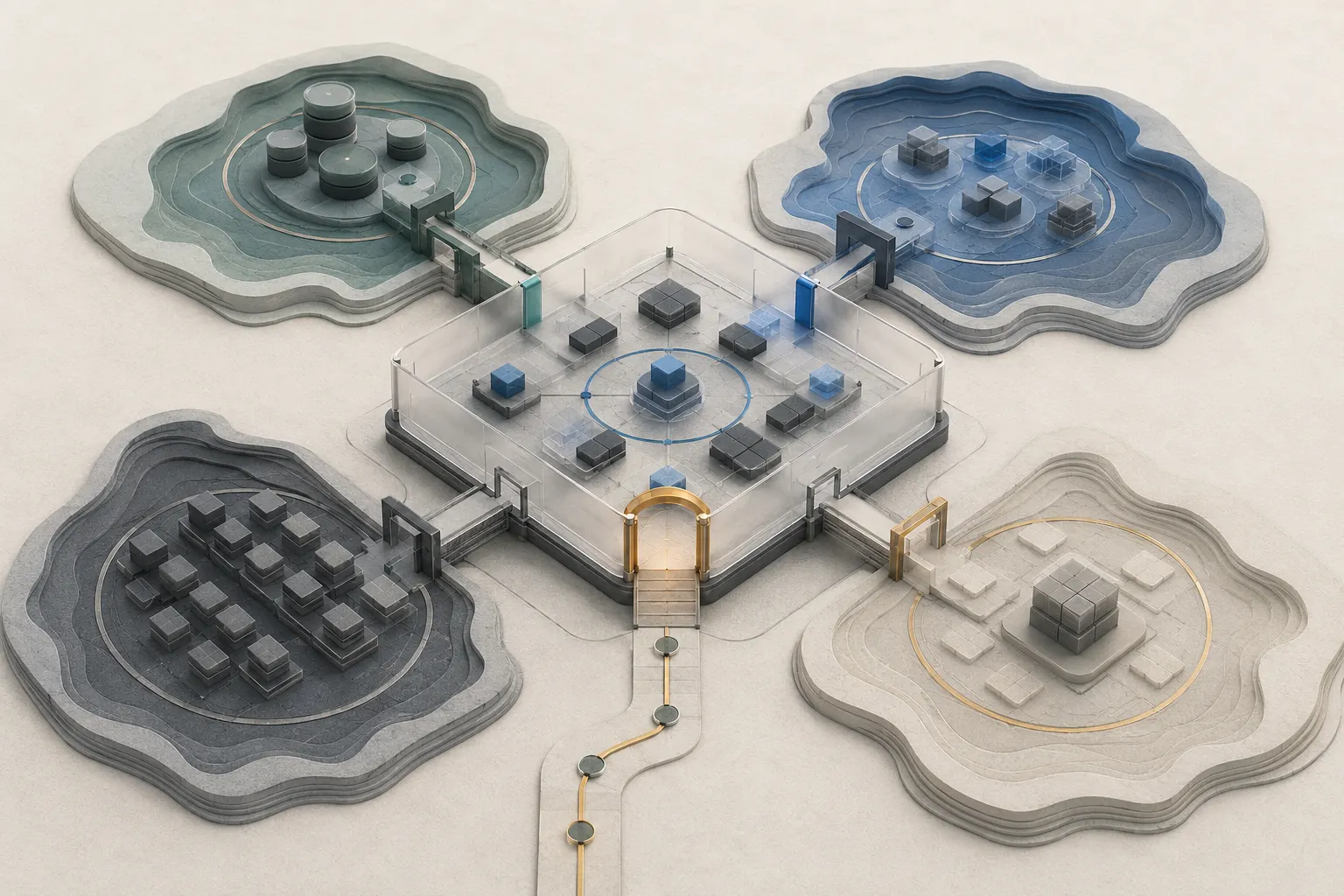 A knowledge space separates active work, archive, hypotheses, sources, and approved content through visible boundaries and governed transitions