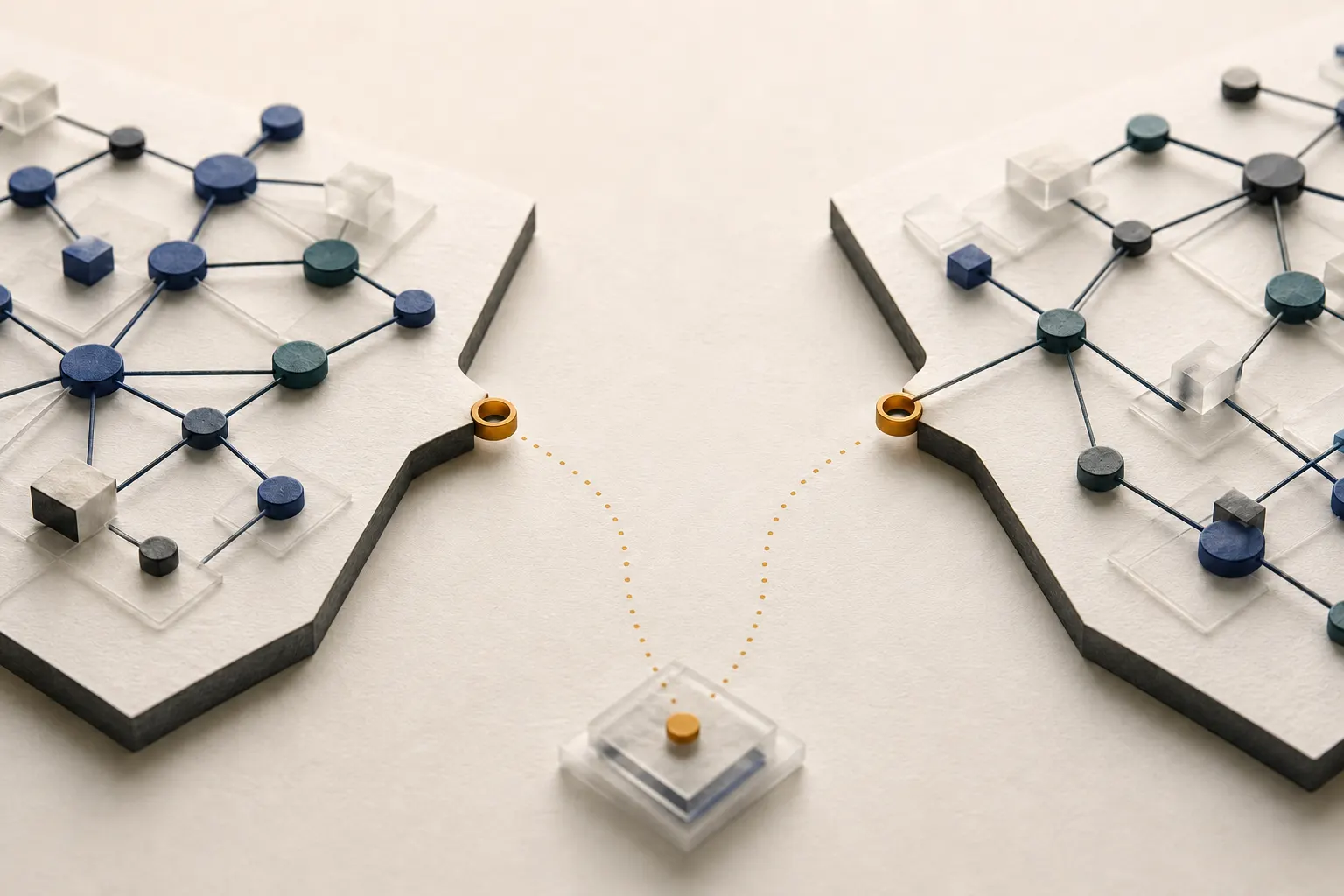 Two regions of a knowledge graph have open connection points; an inspection path marks the gap as a research question without asserting a relationship
