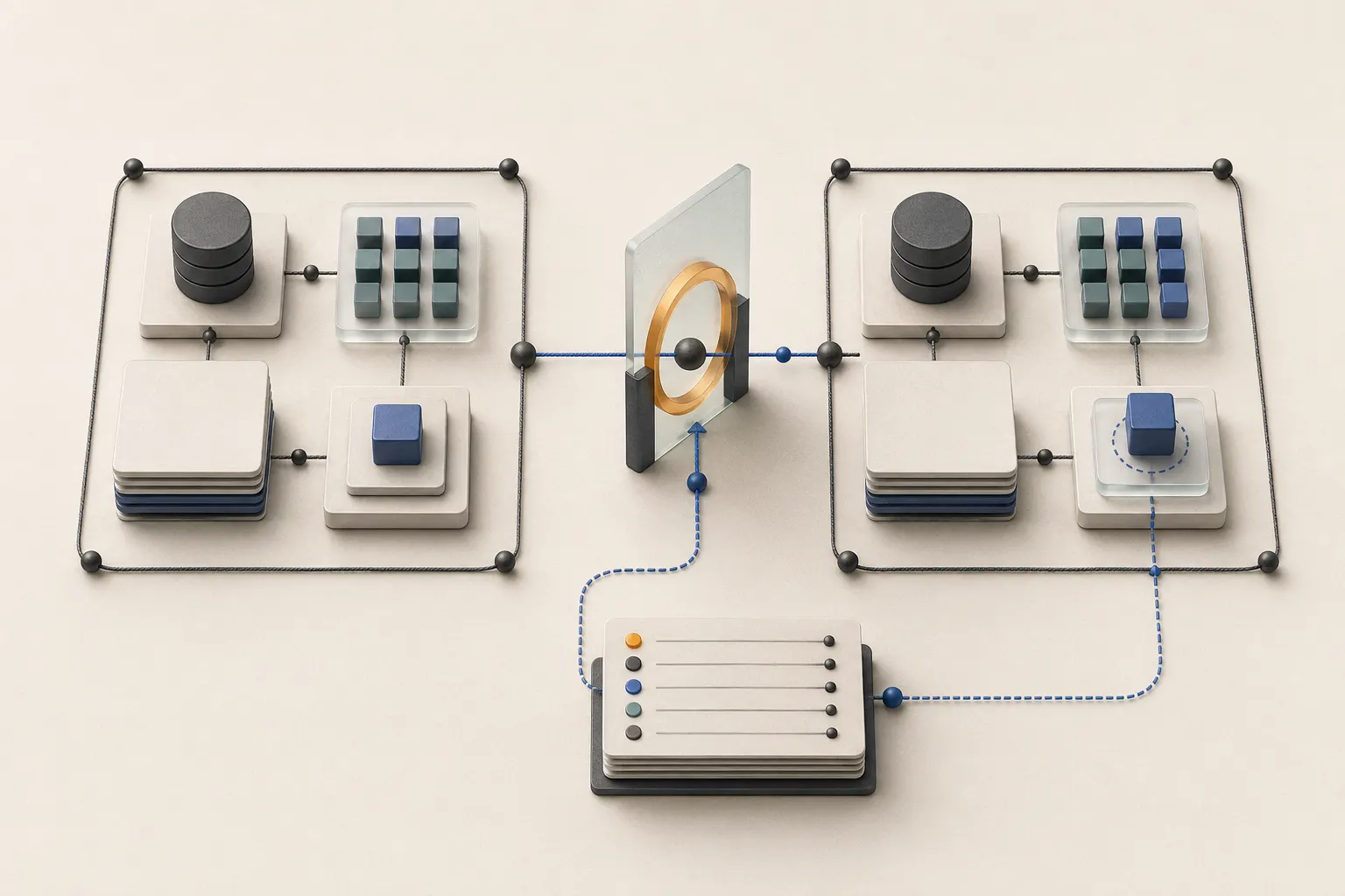 A bounded tool path connects documented before and after states while the change, review, and rollback trail remain visible