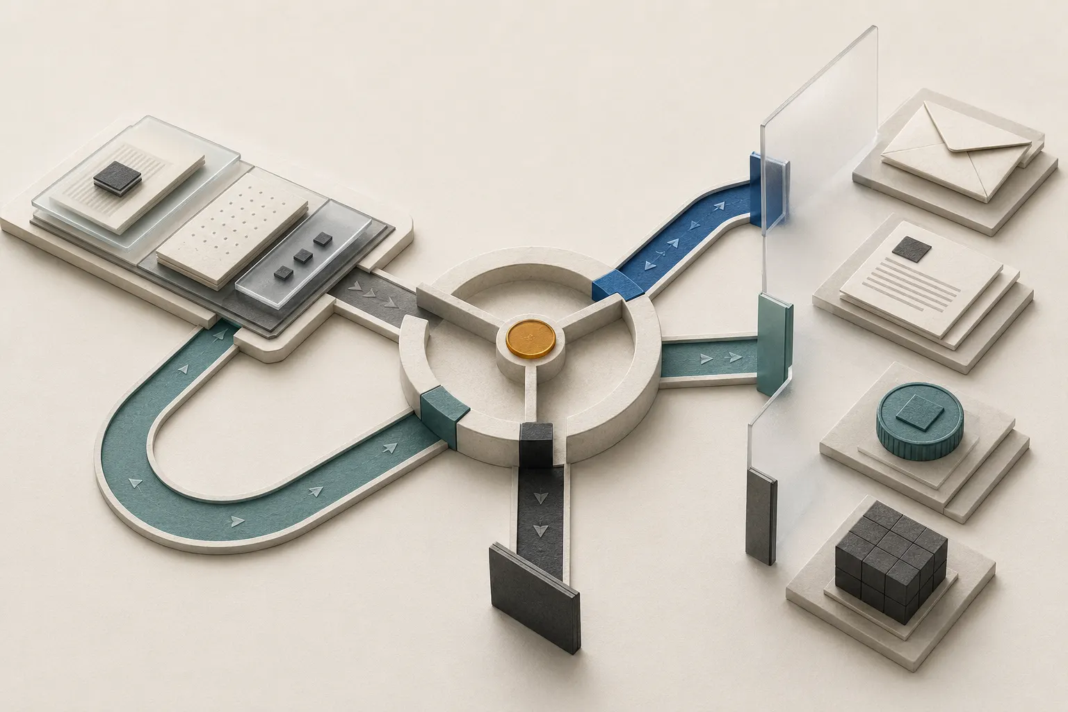 A reviewed action packet waits before a three-way approval gate before it can reach messaging, publication, payment, or production systems