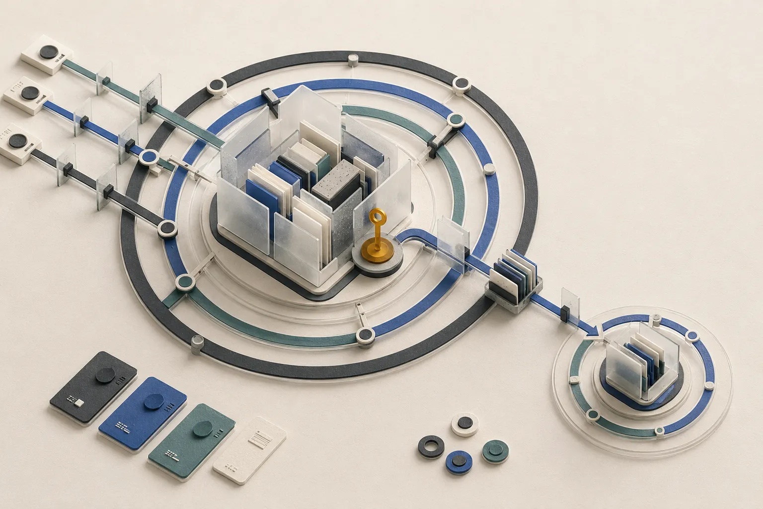 A portable knowledge core sits inside separate rings for identity, keys, data flows, and rights, with controlled and testable exit paths