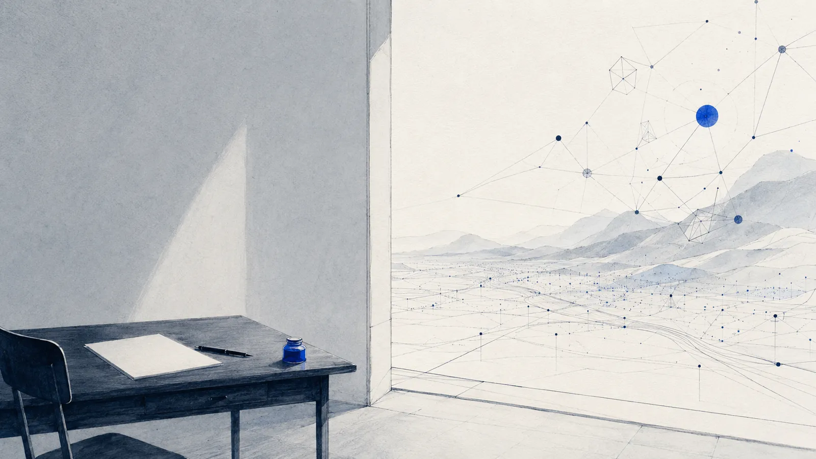 A bright editorial threshold between a human desk and an abstract intelligent system