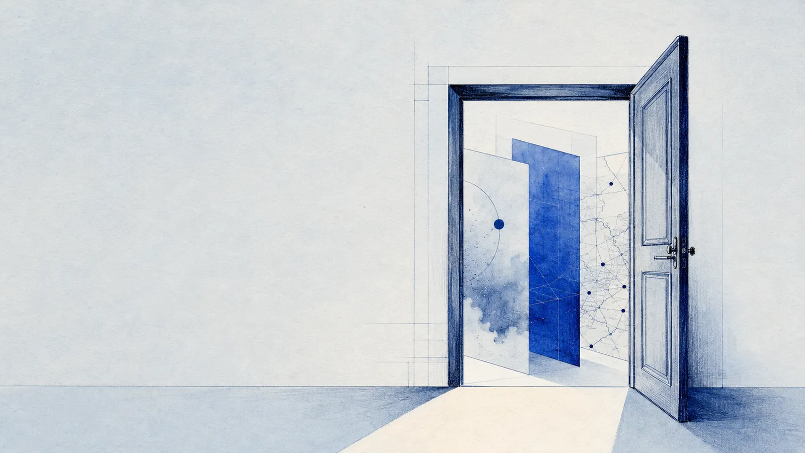 An abstract writing scene in which one sentence opens into layers of objectives, context, sources, and decisions