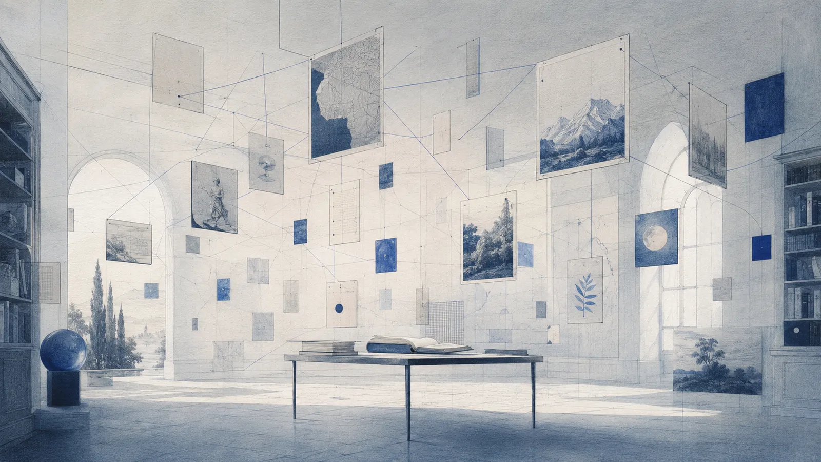 A delicate floating library of cards, lines, and light—knowledge as a curated space rather than a data dump