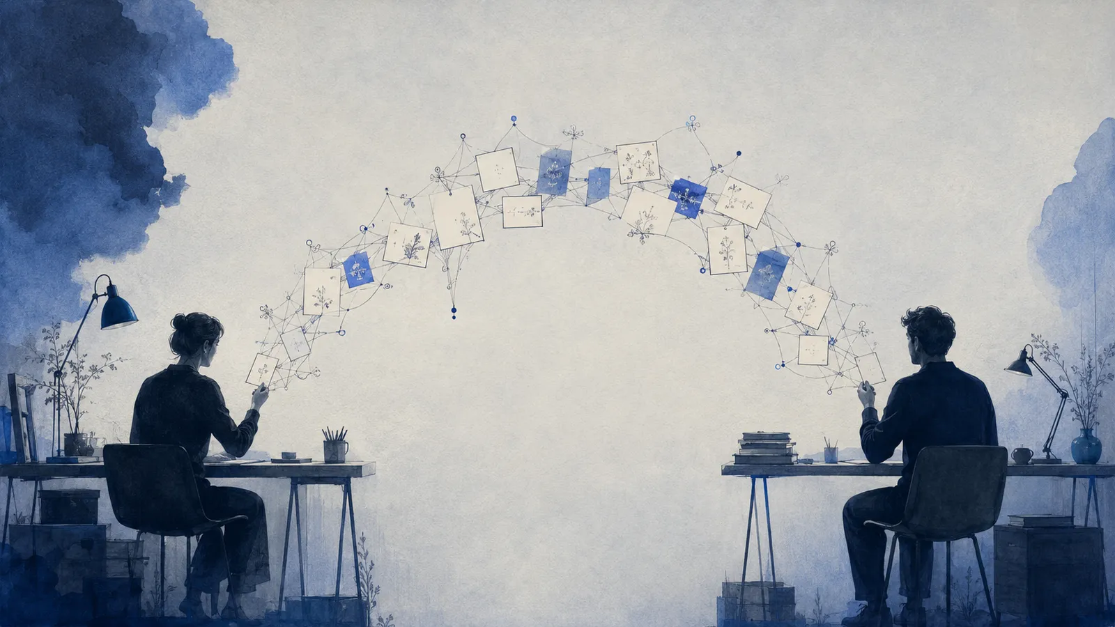 A luminous bridge of individual notes between two workspaces—handoff instead of chat chaos