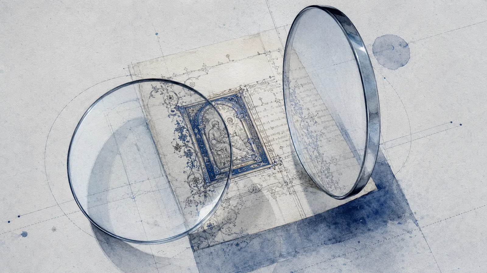 Two delicate overlapping lenses inspect the same bright page—quality as a second look