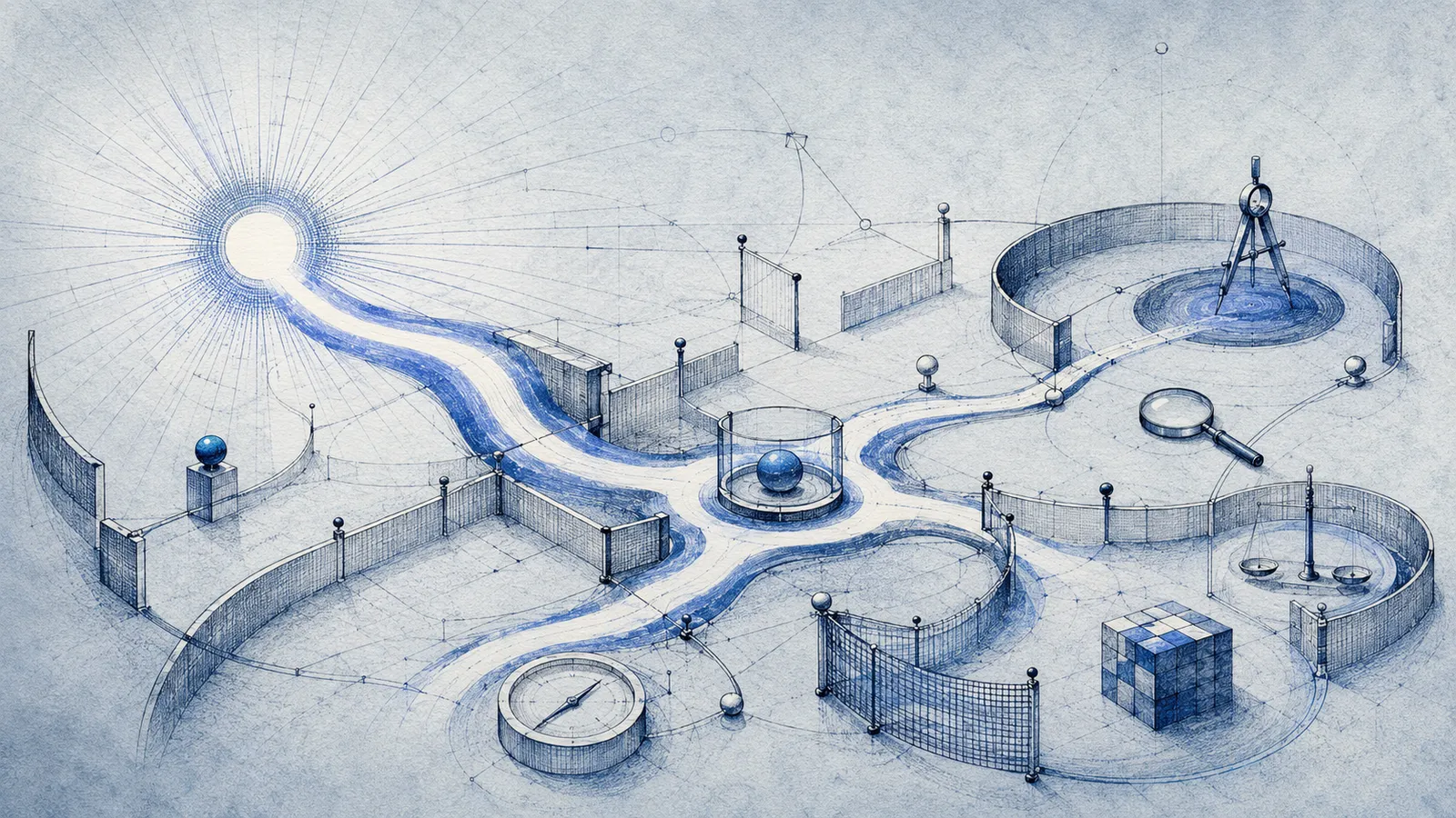 A calm architectural composition of paths, tools, and clear boundaries—language becomes action