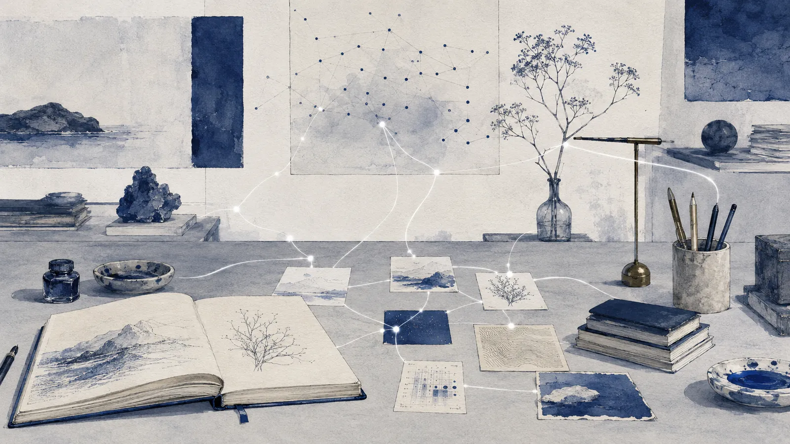 A calm, bright studio of notes, tools, sources, and connected work surfaces