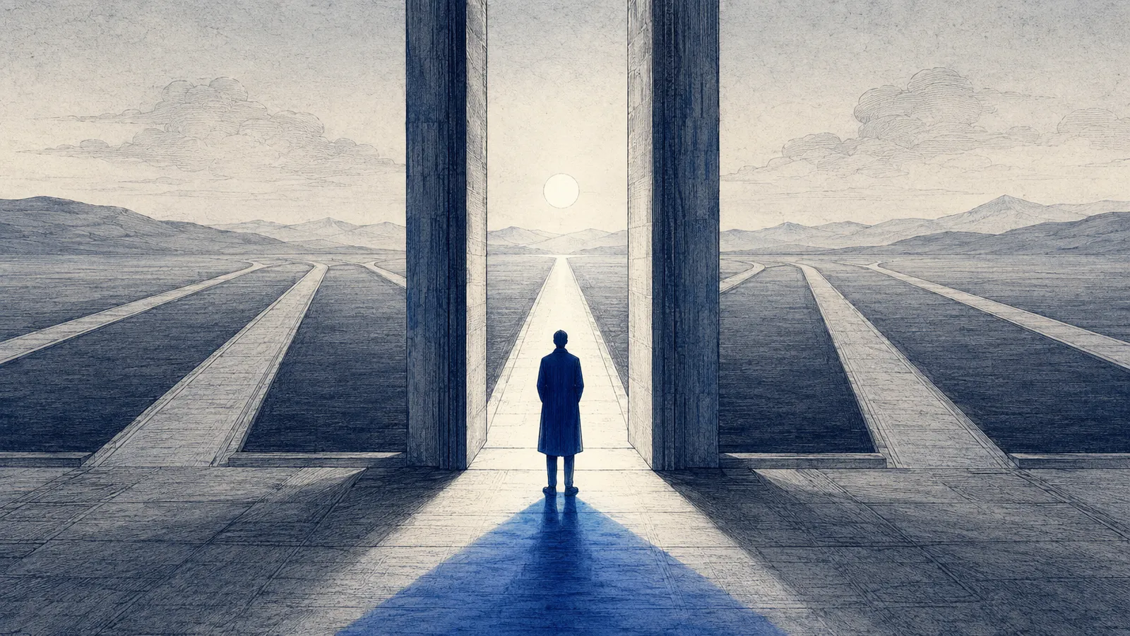 A human figure at a bright threshold; several ordered paths continue, one is deliberately chosen