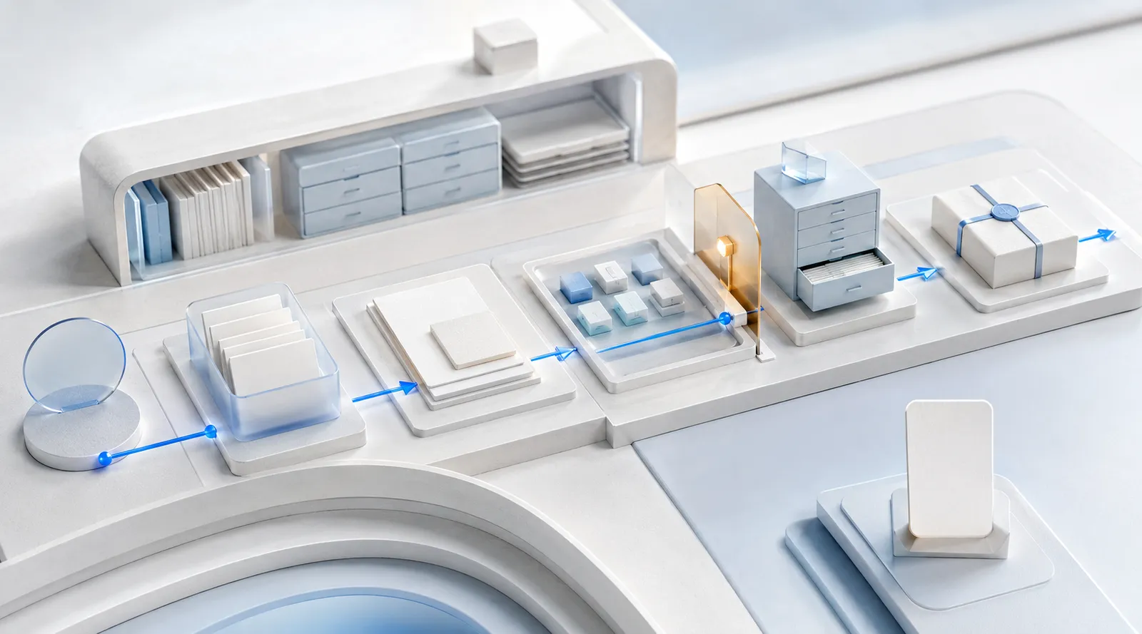 Ein modularer, heller Arbeitsraum für einen KI-Agenten mit Quellenablage, Projektstatus, Werkzeugschrank, Kontrolltor und Übergabepaket; eine kleine Persona-Karte steht außerhalb des operativen Systems
