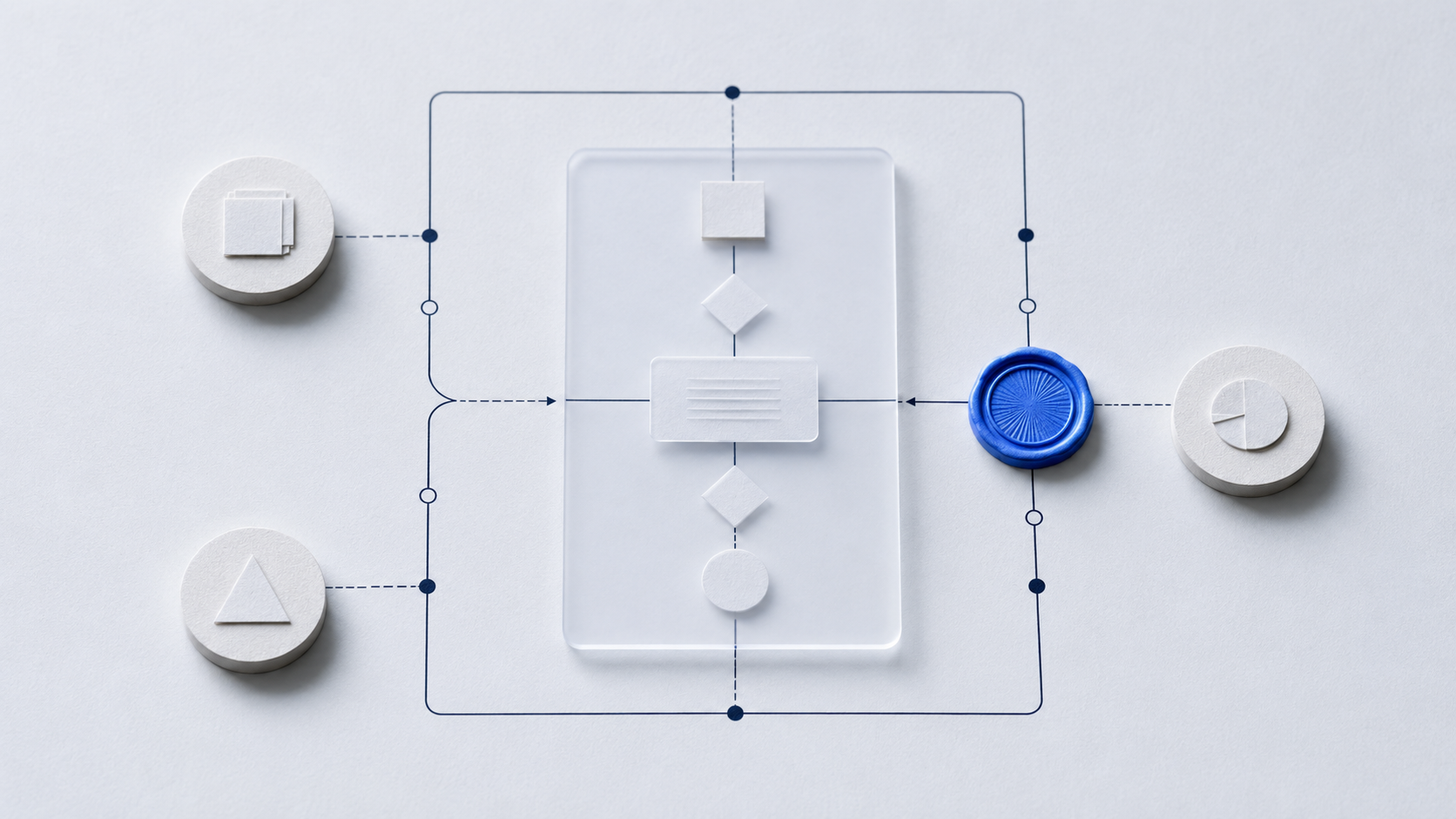 A flow diagram made of paper shapes with a blue wax seal as the approval point — the agent harness