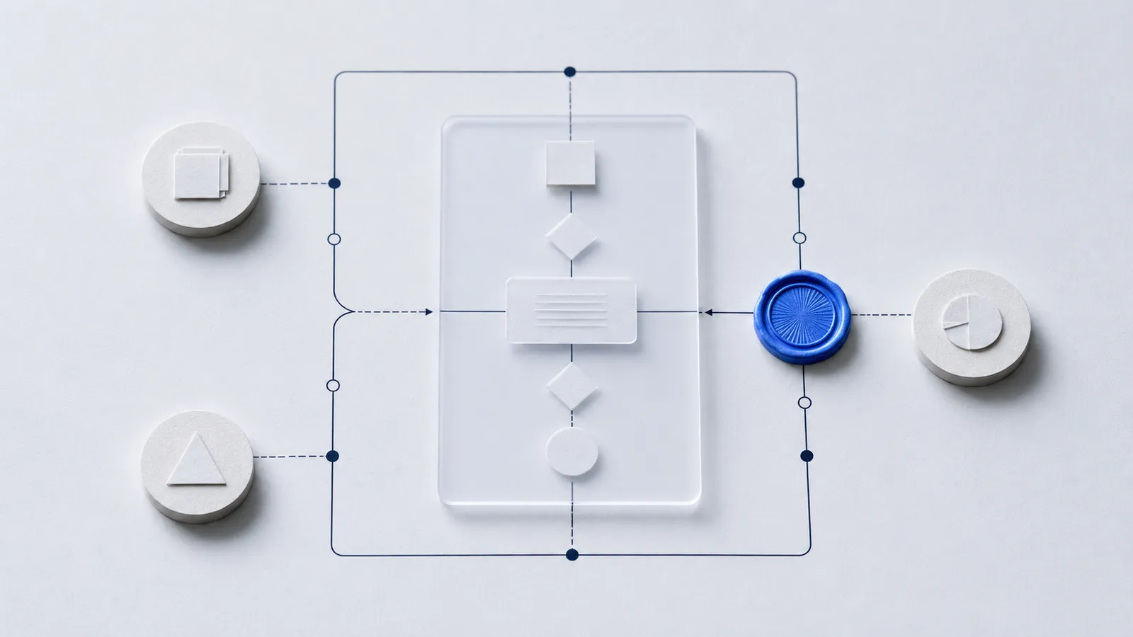 Ein Flussdiagramm aus Papierformen mit einem blauen Siegel als Freigabepunkt – der Agent-Harness
