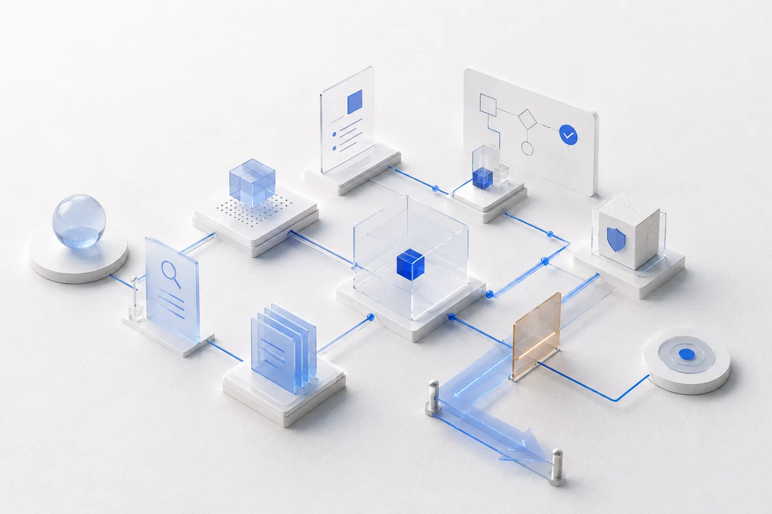 Abstract routing architecture in blue: three modes of work — browser, agent, specialist tool — connect depending on project phase