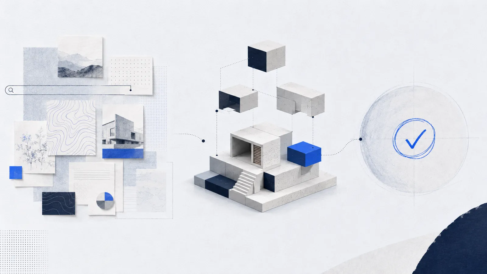 Recherche-Collage, ein gebautes Modell aus Blöcken und ein geprüftes Häkchen – Plan, Bau und Entscheidung