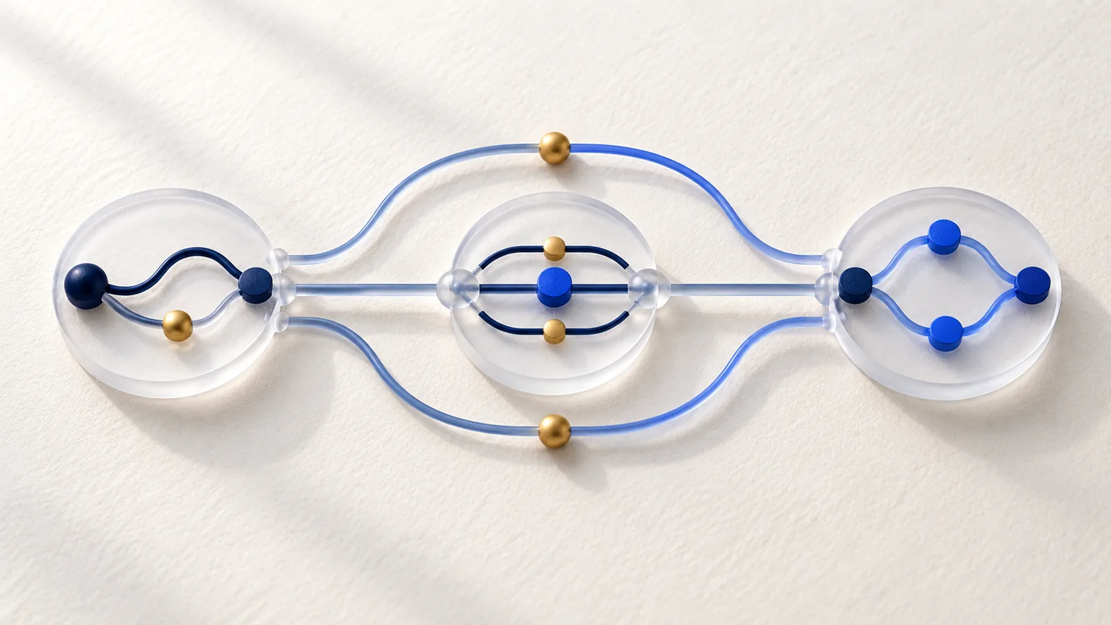 On pale paper three glass discs in a row, joined by a straight channel and two arcs carrying golden spheres; on the left a simple path, in the middle parallel lines around a blue dot, on the right a ring of blue dots
