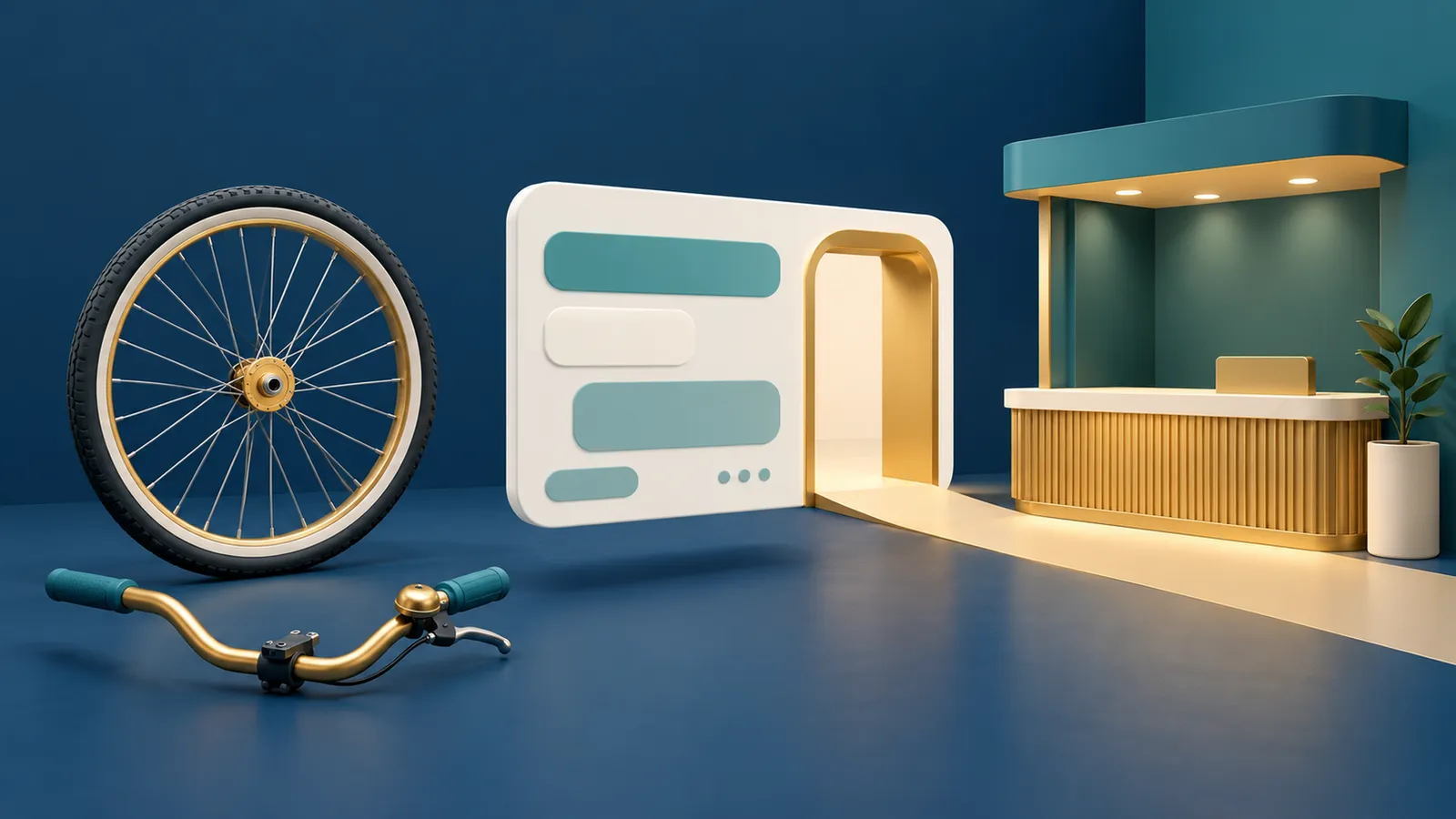 A bicycle wheel and handlebar on a dark blue floor; beside them a chat window with a golden door, from which a bright path leads to a lit service counter