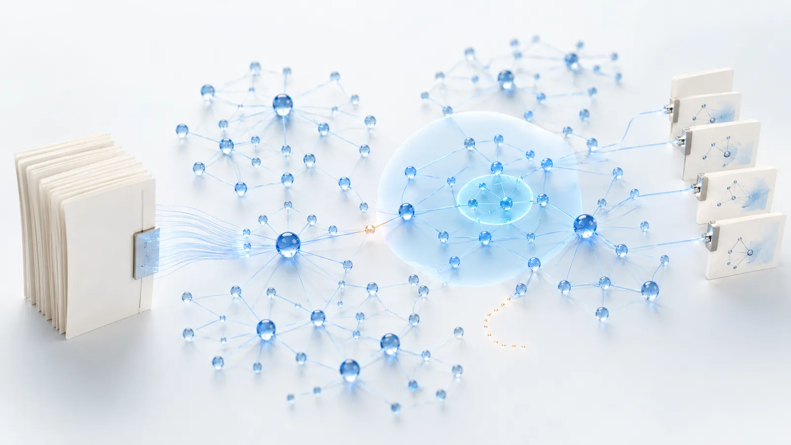 Ein heller Wissensgraph aus mehreren blauen Communities wird durch eine transparente Fokuszone auf eine wahrscheinliche lokale Nachbarschaft eingegrenzt; Dokumente speisen den Graphen und Evidenzkarten entstehen rechts