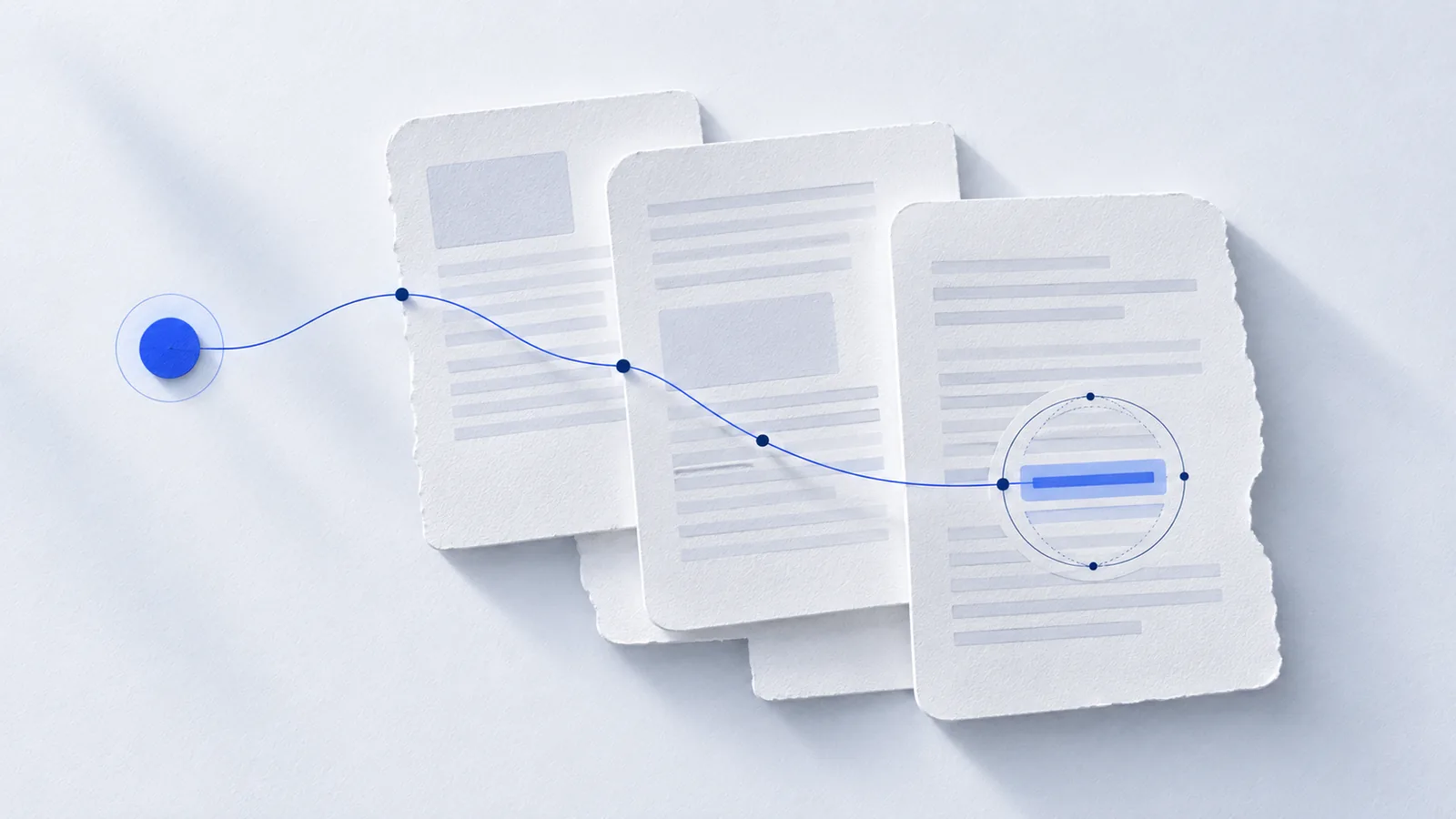 Three paper pages with suggested lines of text; a blue line leads from a dot across the pages to a highlighted line on the last page, marked by a circle