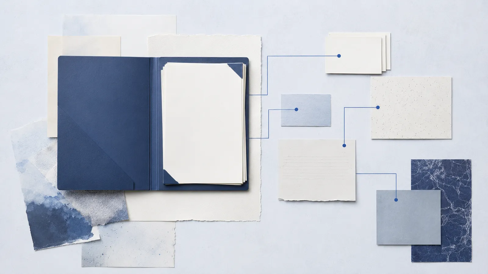 Scattered notes and materials are bundled into an ordered project record