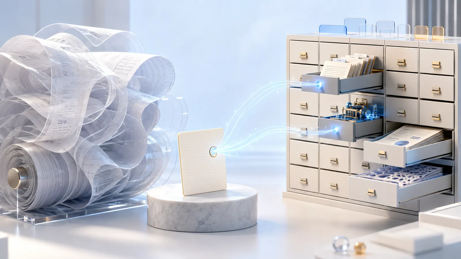 Ein übergroßes verschlungenes Promptband steht einem modularen Skill-Schrank gegenüber, aus dem eine kleine Aktivierungskarte nur die benötigten Anweisungen, Referenzen und Skripte lädt