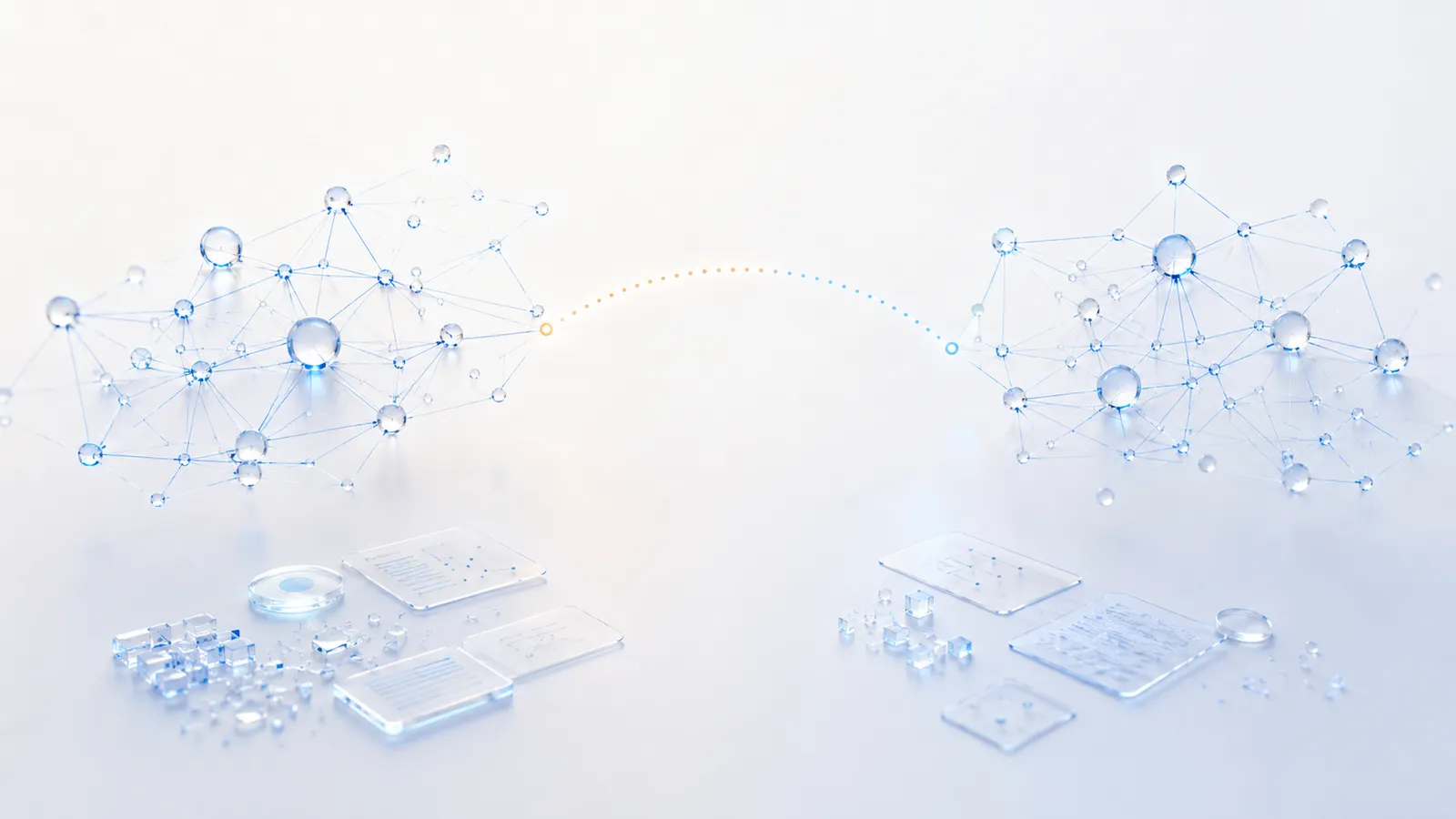 Zwei filigrane blaue Wissensgraph-Communities schweben getrennt in einem hellen Raum; eine gepunktete blau-amberfarbene Kandidatenbrücke überspannt die leere strukturelle Lücke, während transparente Evidenzkarten darunter getrennt zur Prüfung bereitliegen
