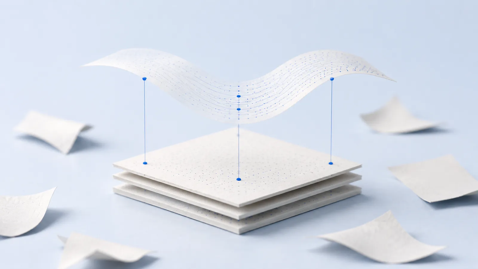 Abstract data foundation made of layered cards and fine blue connections