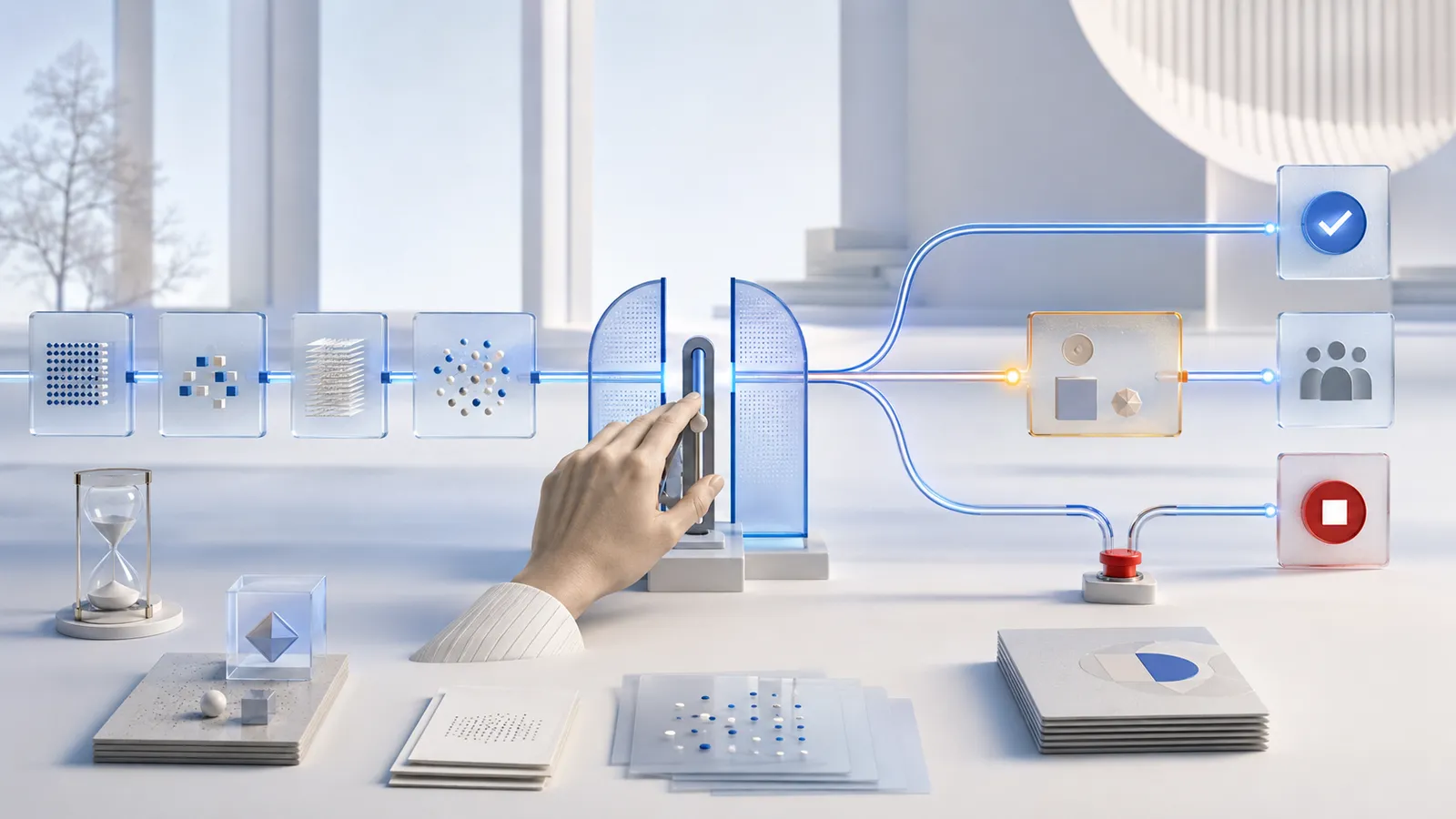 A bright AI pipeline reaches a central control threshold operated by a human hand and branches into three real paths: approval, escalation and stop