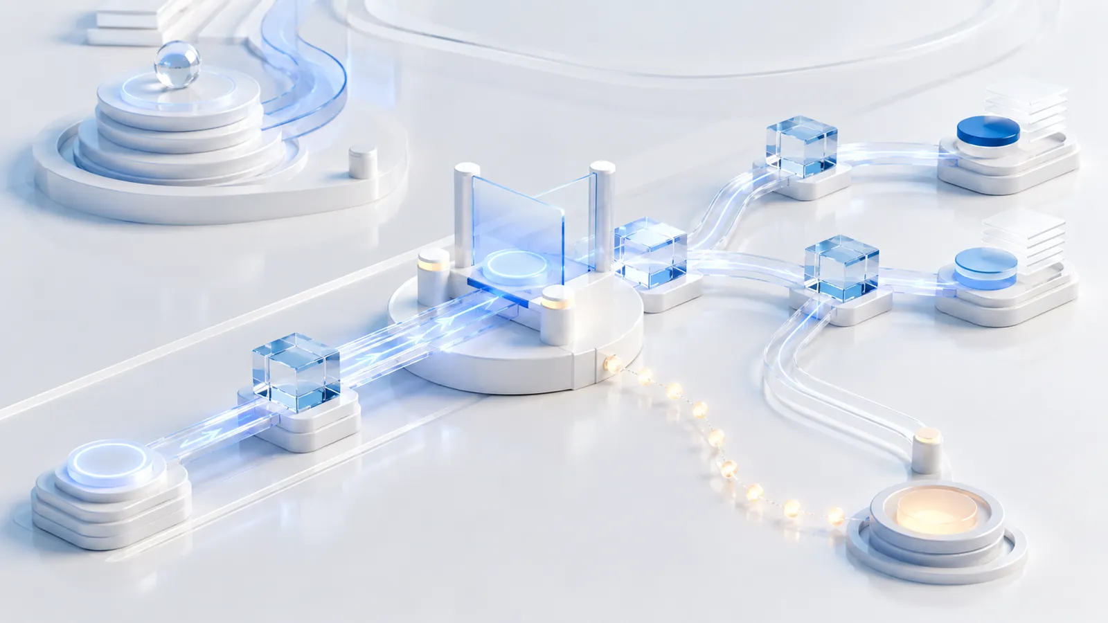 A transparent gate panel on a pedestal stands in the middle of a glowing blue conduit path between several glass-cube nodes, with a second path branching off into warm light