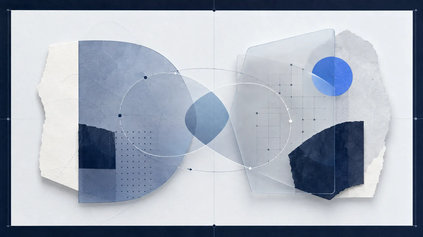 Two interlocking circles over a construction grid — the loop between human thought and machine answer