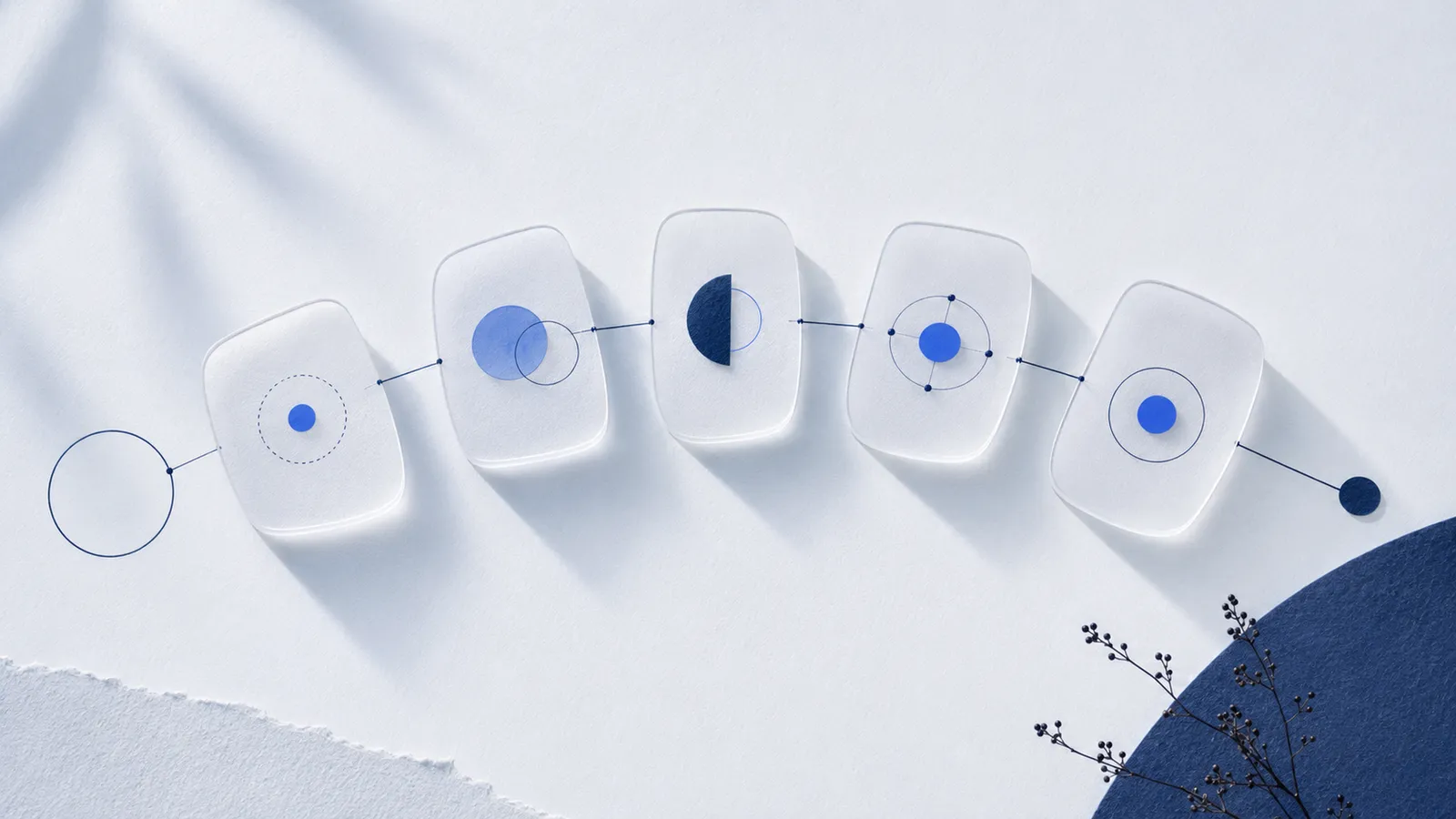 Abstract representation of separated but connected processing zones in blue and white tones