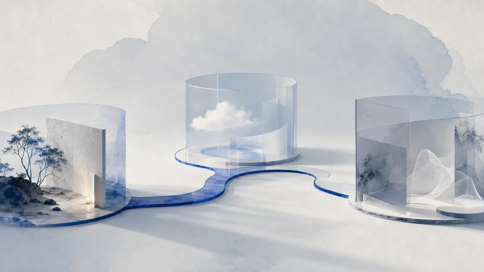 Three glass zones on a light surface, connected by a blue path — local, cloud and hybrid as rooms of one architecture