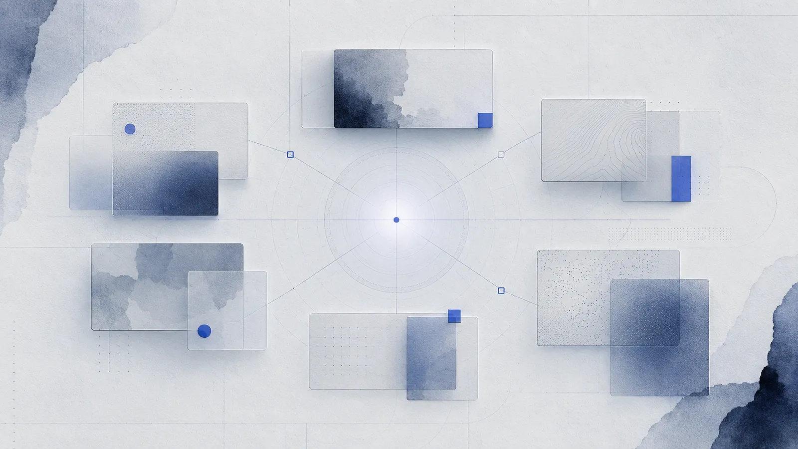 Watercolour candidate cards orbit a glowing centre — choosing a local model as a test bench
