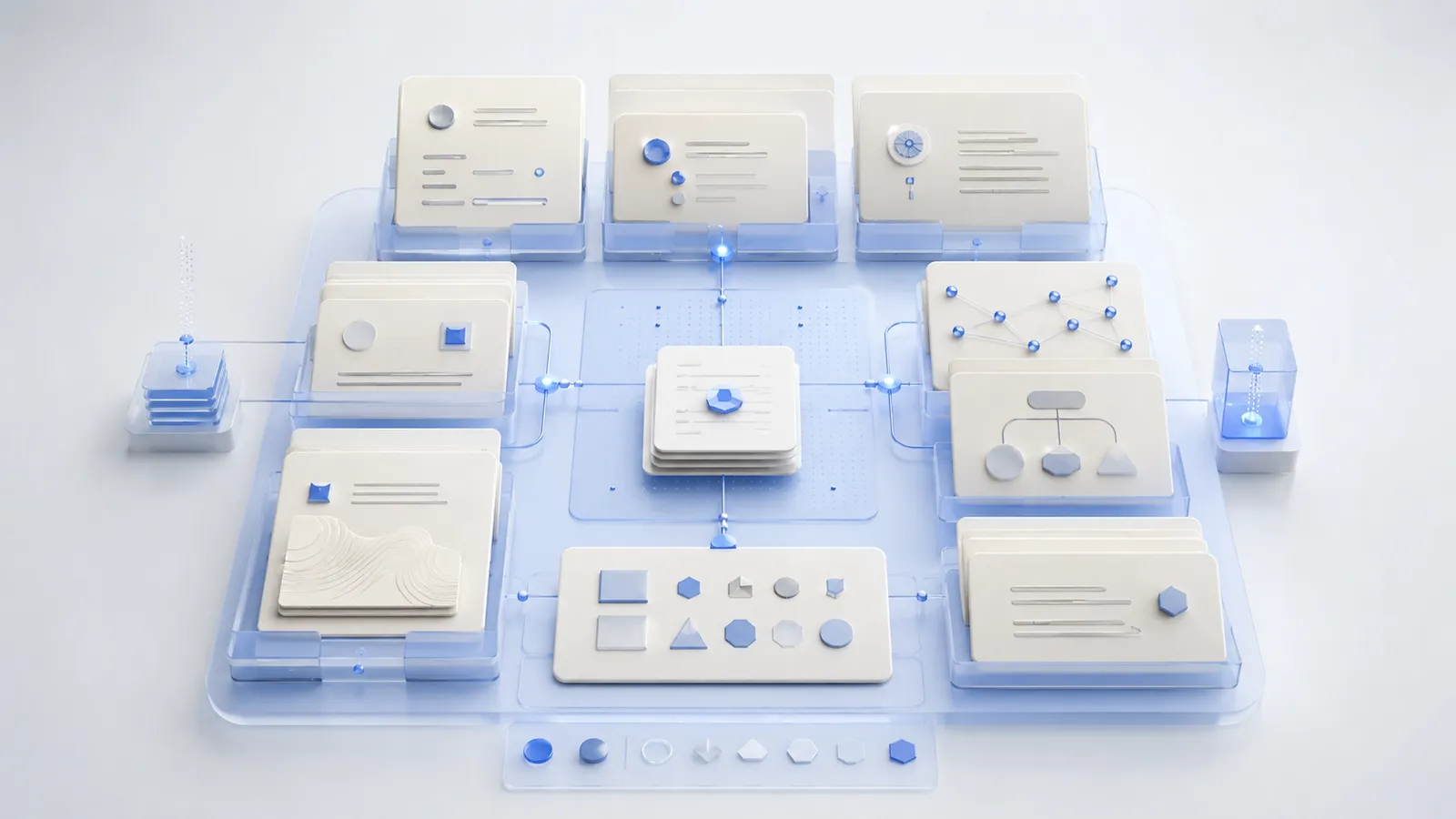 Ivory knowledge cards are organised into a structured metadata catalogue through blue fields, stable shapes and fine connections