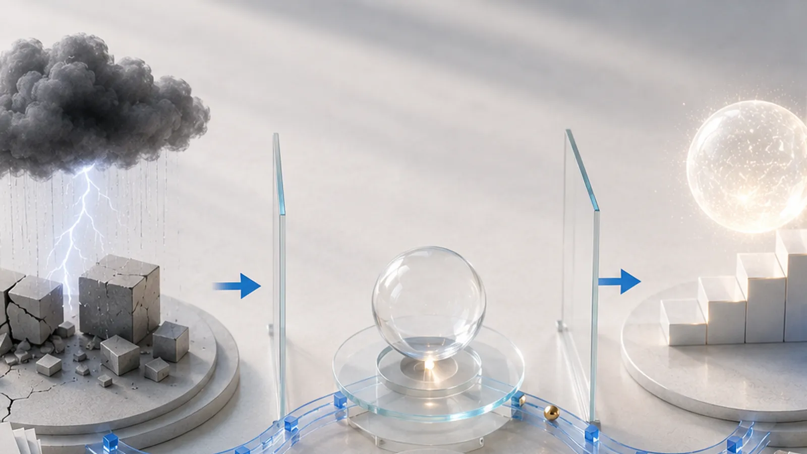 A sphere on a glass conveyor track passes through a central checkpoint gate: to the left the path leads to a storm cloud over collapsing blocks, to the right to a glowing sphere above rising bright steps