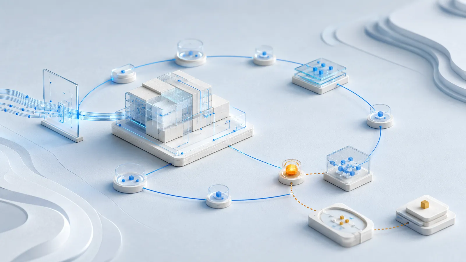 Ein helles modulares KI-System arbeitet nach einem transparenten Starttor in einem kontinuierlichen blauen Monitoringkreis; Messpunkte, Versionsmarker und ein amberfarbenes Vorfallsignal führen zu einer kontrollierten Korrekturschleife