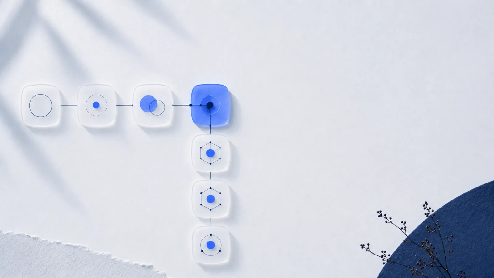 Four frosted tiles in a horizontal chain; the fourth is solid blue and forms the pivot, from which a second chain runs downward at a right angle, its tiles each carrying a dot inside a hexagon of connections