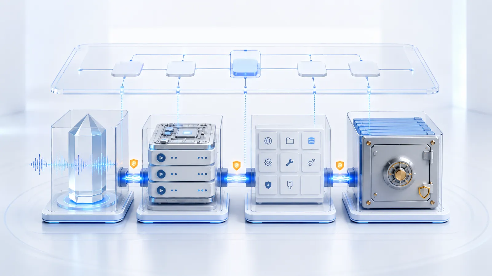 Separate persona prism, skill module, tool-permission layer ve secure project-data vault'u narrow blue contract port ile bağlayan aydınlık üç boyutlu architecture