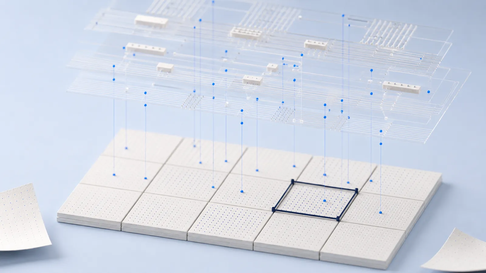 Abstrakte Systemarchitektur aus Datenplatten, Logikgitter und blauen Signalverbindungen