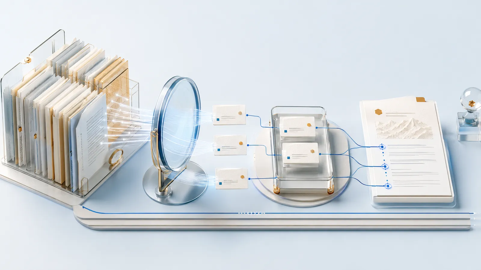 A bright document library passes through a transparent retrieval lens to three selected evidence cards, an ordered context tray and an answer page whose claims are connected to sources by blue lines