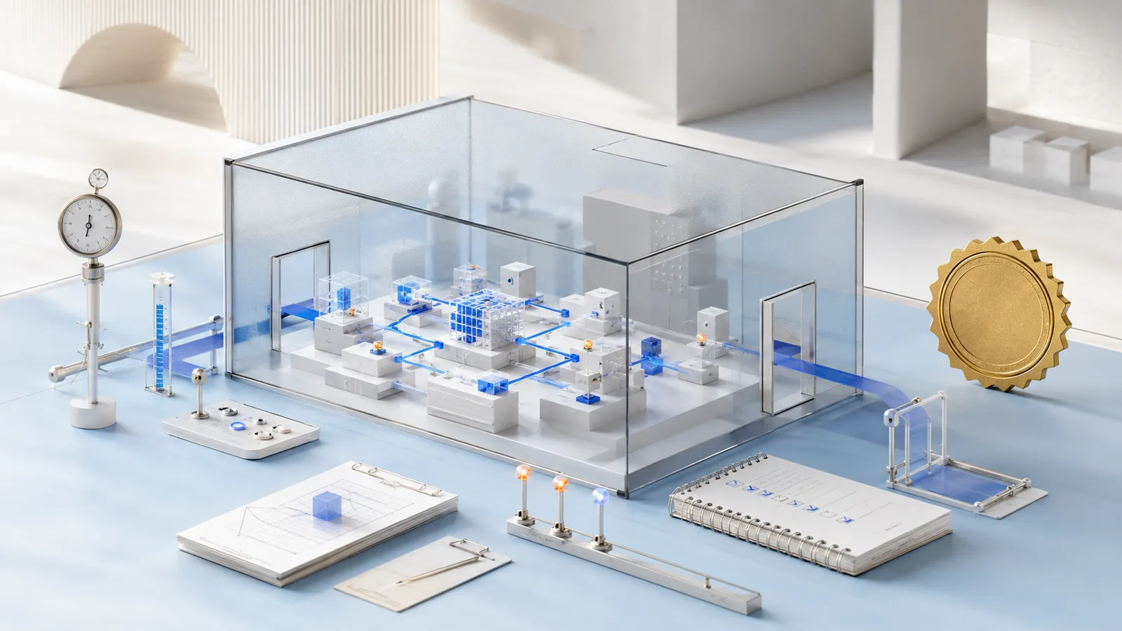 Ein helles gläsernes KI-Reallabor zeigt ein modulares System mit Messpunkten, Testpfaden und dokumentiertem Ausgang; ein goldenes Gütesiegel steht bewusst getrennt außerhalb