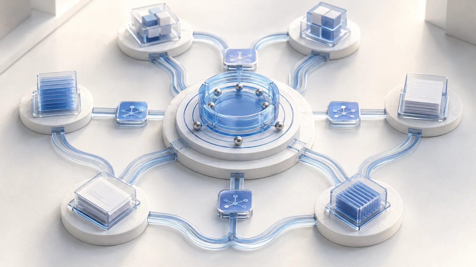 A central ring platform is connected via glass conduits and small network-node icons to six surrounding stations, each holding its own object