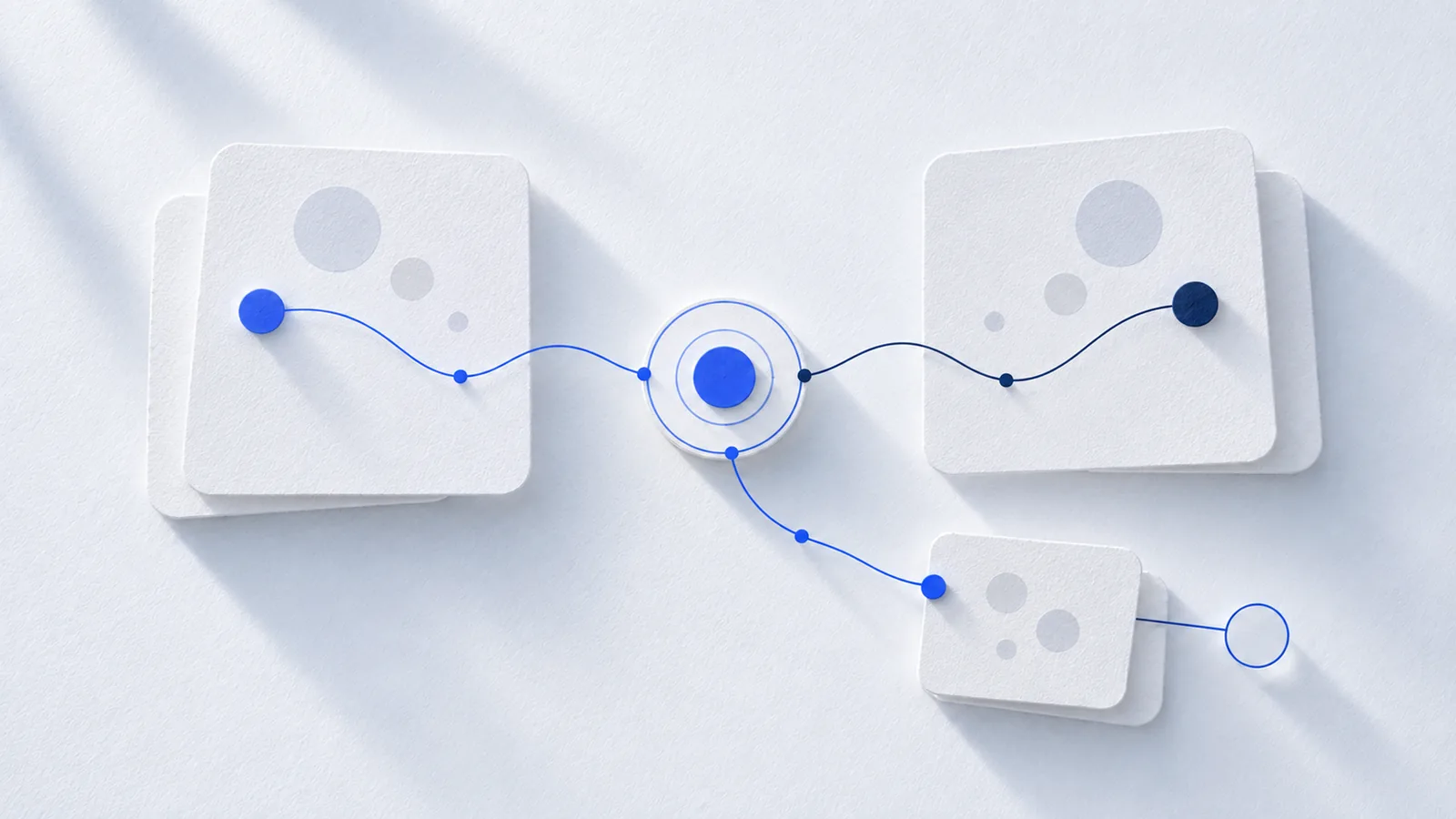 Two stacked paper cards whose lines converge in a shared point in the middle; from there a branch leads to a smaller card and on to an empty circle