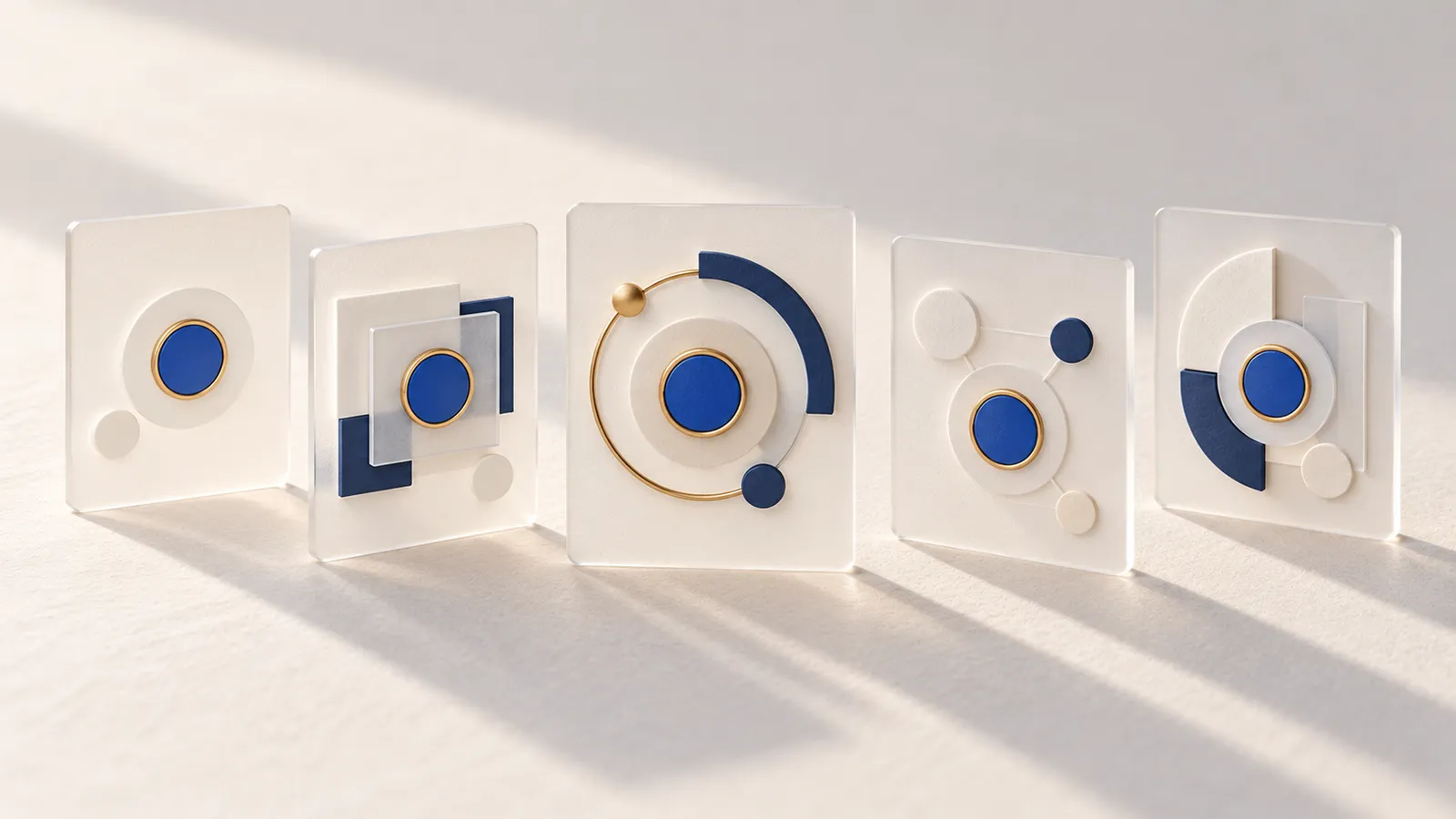 Five translucent cards side by side, each with a blue, gold-rimmed disc at its centre and a different arrangement of shapes around it