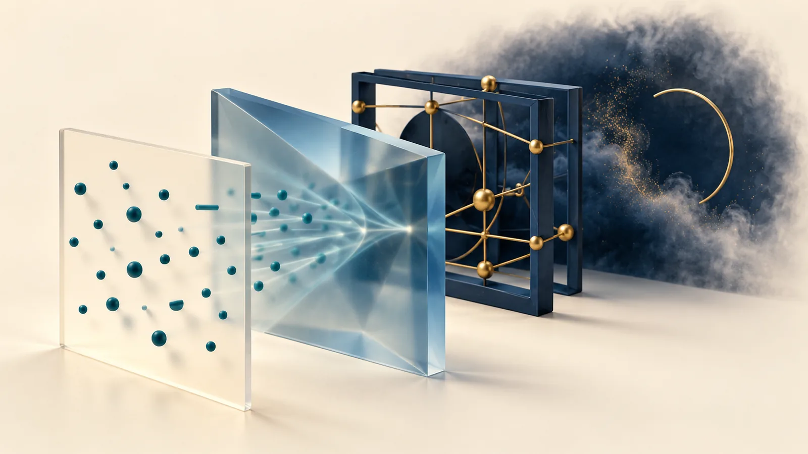 Vier hintereinander stehende Ebenen: eine Glasplatte mit verstreuten Punkten, ein Glasprisma, das Linien bündelt, ein dunkler Rahmen mit goldenem Netz und dahinter eine dunkle Wolke mit einem offenen goldenen Bogen
